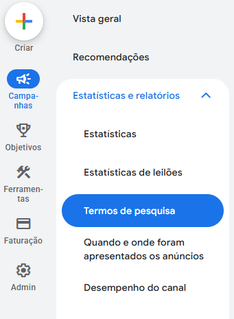Secção Termos de Pesquisa do Google Ads - Melhorar Campanhas Google Ads